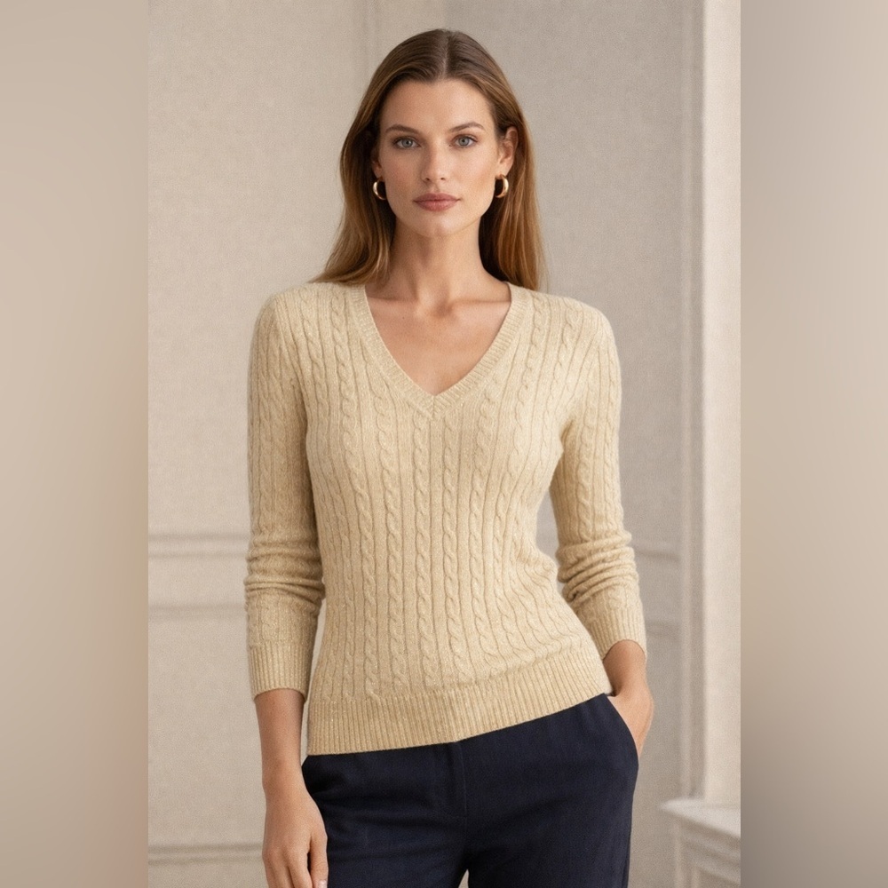 Lauren Ralph Lauren Silk Blend Metallic Cable Knit V-Neck Sweater Champagne Gold